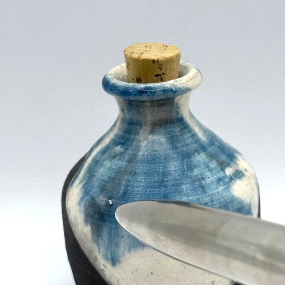 Raku Studio Art Ceramic Pottery Vase Signed With Cork Stopper Blue White 3.5 in - Picture 5 of 10